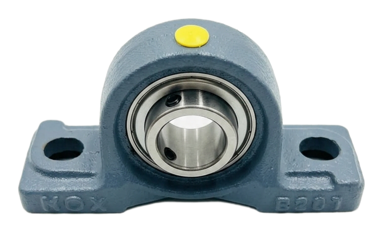 Front view of HGX two-bolt pillow block bearing unit with insert and grease cap