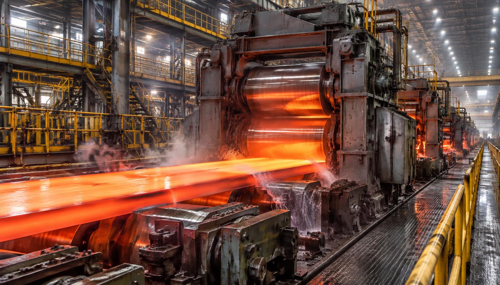 Hot strip rolling mill stands in a steel plant