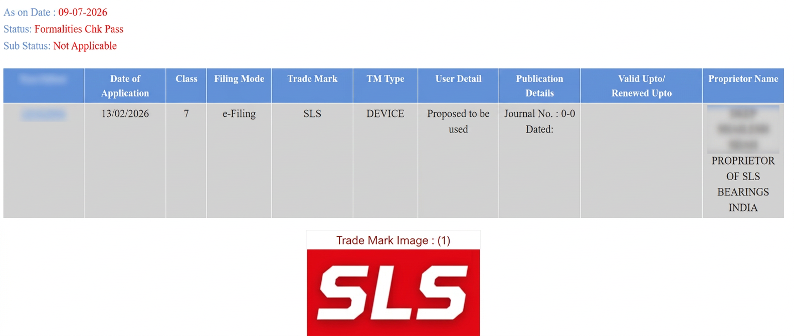 Indian Trade Marks Registry record for the SLS wordmark, class 7, with the proprietor's personal name obscured for privacy